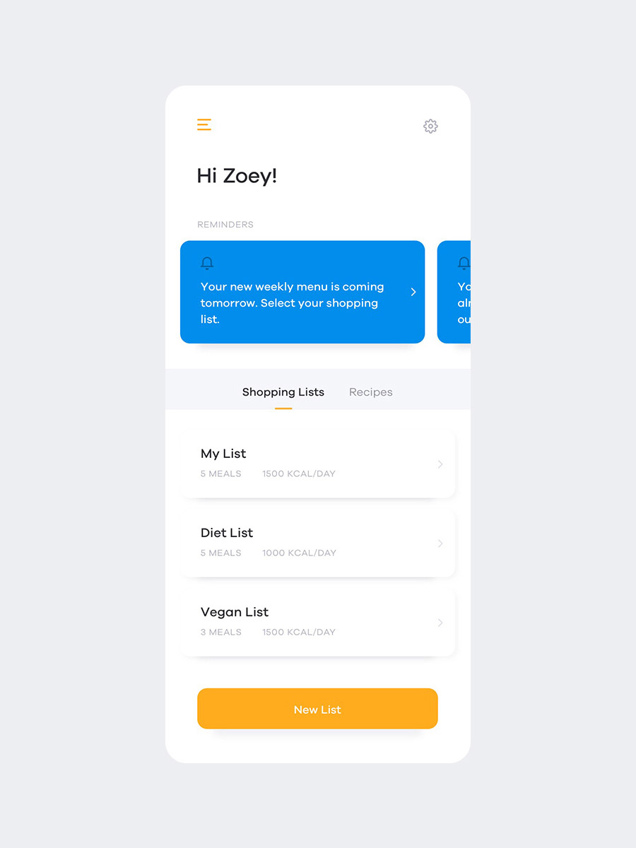 foodrush user Zoey new shopping list coming tomorrow choose your list mobile screen design